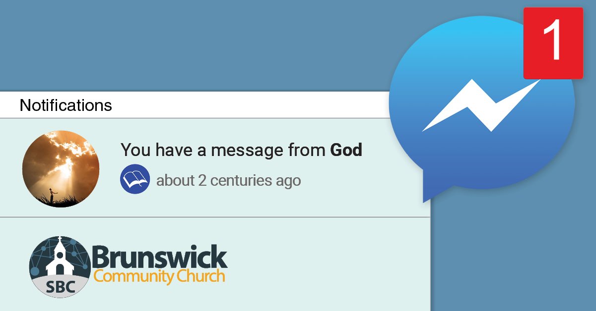Facebook Ad for Brunswick Community Church, showing Facebook user has 1 new message "from God"