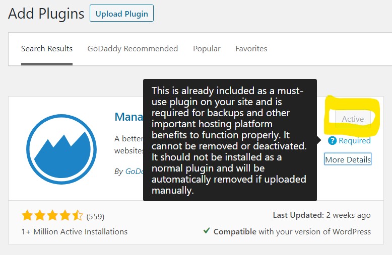 screen shot of ManageWP Worker plugin showing as already installed and Active with Go Daddy WordPress Hosting